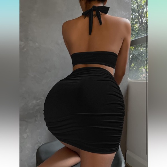 Black 2 Piece Outfit - Halter Top and Ruched Mini Skirt Set - Picture 2 of 3